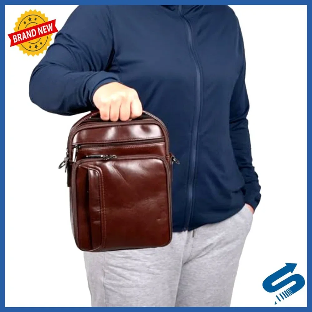 Genuine Leather Messenger Bag, Adjustable Strap, 6 Pockets, Travel Organizer